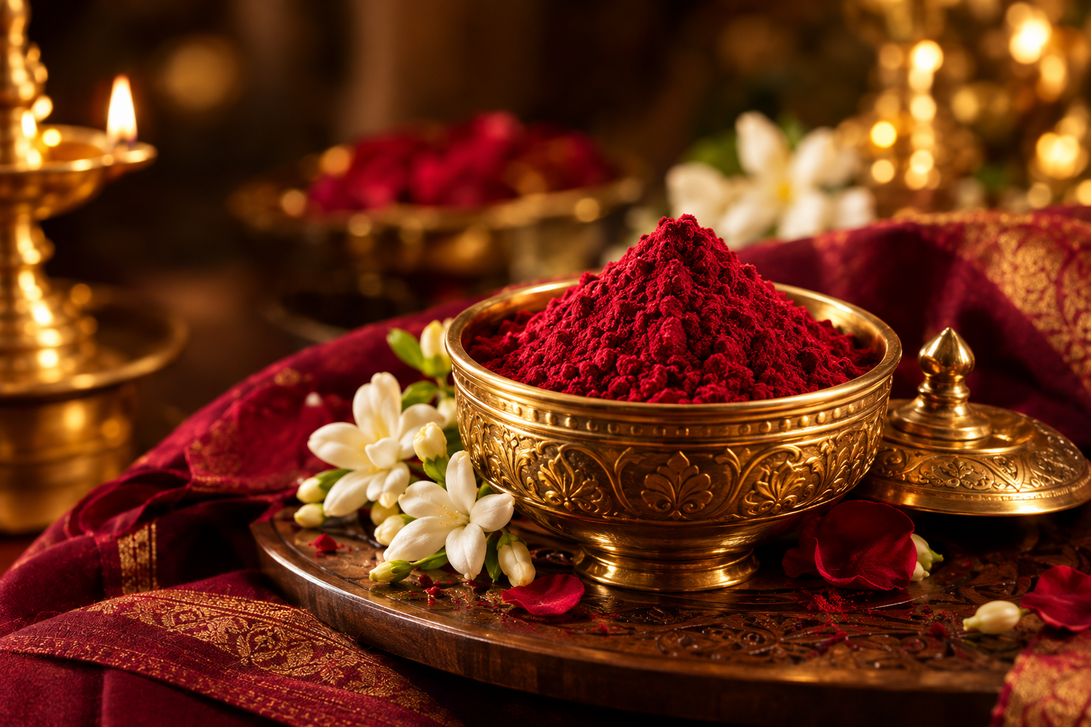 Kumkum powder gallery with flowers and a brass diya for pooja