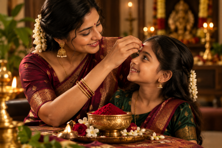 Mother and daughter sharing an Indian kumkum tradition