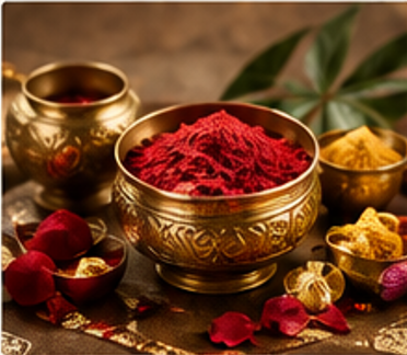 Kumkum with flowers and brass diya