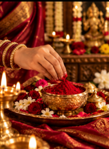 Kumkum powder gallery with flowers and a brass diya for pooja