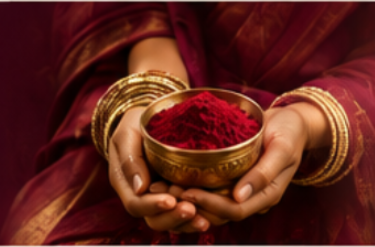 Woman holding kumkum powder for an Indian ritual