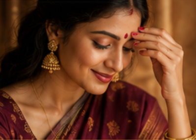 Woman wearing kumkum on her forehead during a traditional ritual