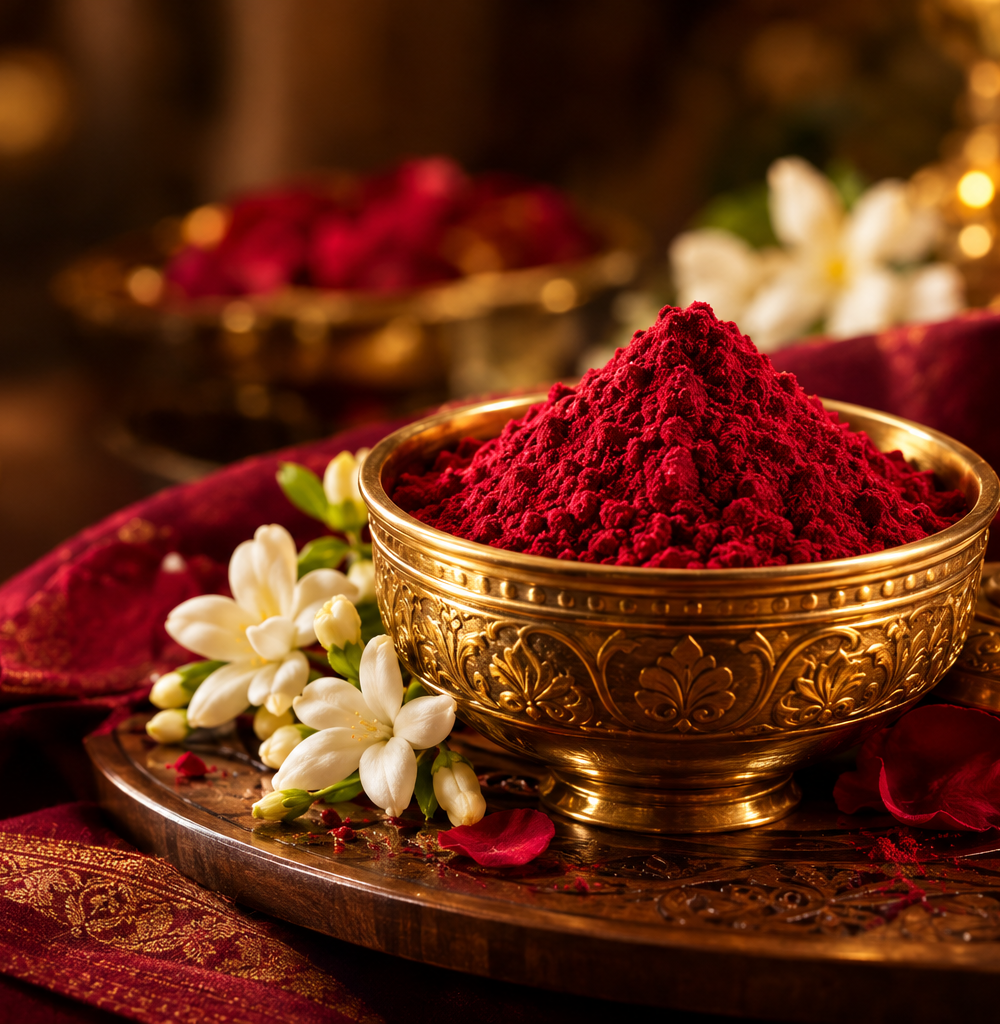 Kumkum powder gallery with flowers and a brass diya for pooja