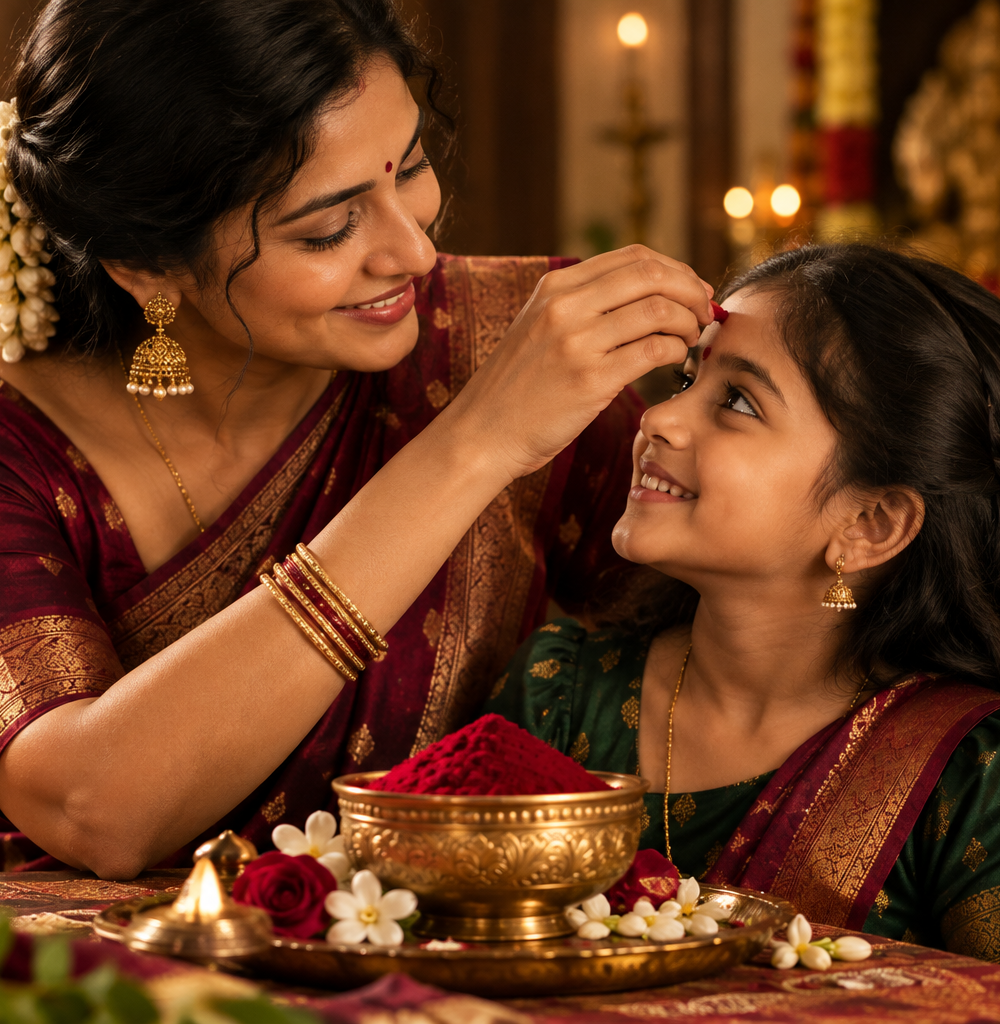 Mother and daughter sharing an Indian kumkum tradition